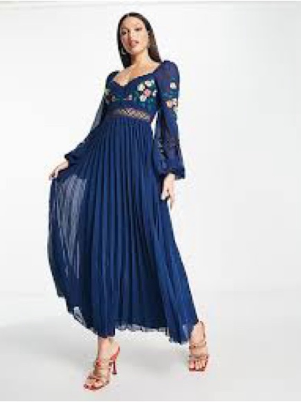 ASOS DESIGN lace insert pleated midi dress with embroidery in navy size 6